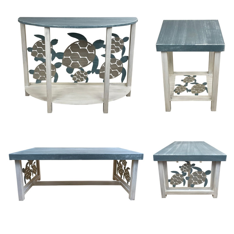 Ensemble de table de tortues de natation. 1 table de canapé arrondie, 1 table basse rectangulaire, 2 tables de bout carrées en fer