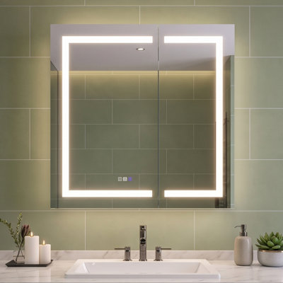 Armoire à pharmacie DEL 91 cm x 91 cm avec miroir, loupe grossissante x5, éclairage avant et arrière, intensité variable, traitement antibuée, prise GFCI