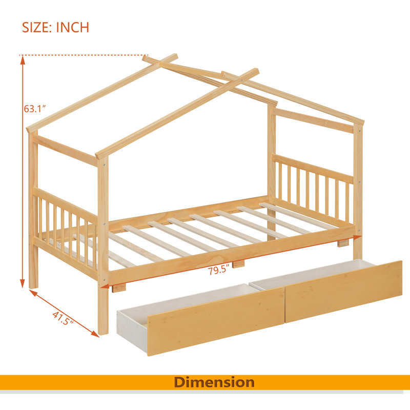 Wooden House Bed With Drawers, Twin