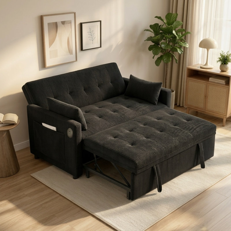 Canapé-lit convertible de 53 pouces avec lit gigogne, dossier réglable et ports de chargement USB, noir, Velours côtelé noir