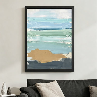 Paysage marin abstrait moderne et moderne: couches de teintes bleues et vertes, style de peinture à l'huile texturée. Toile encadrée 24 "x 36" avec cadre en bois noir