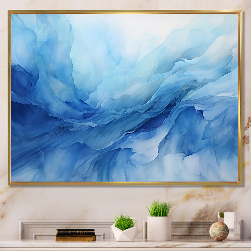 «Blue Emotional Tachisme Waves 1» - art mural tachisme, H 34 po x l 44 po x P 1,5 po, Cadre flottant doré