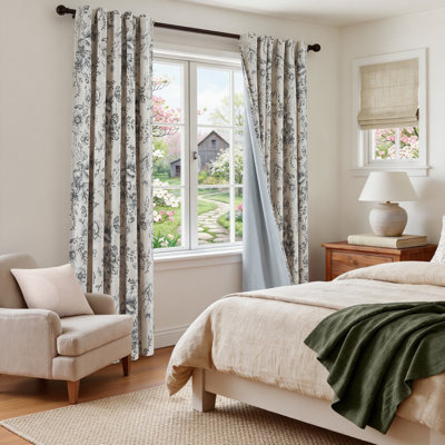Linen Blackout Peony Flower Printed Rod Pocket Curtain Pair