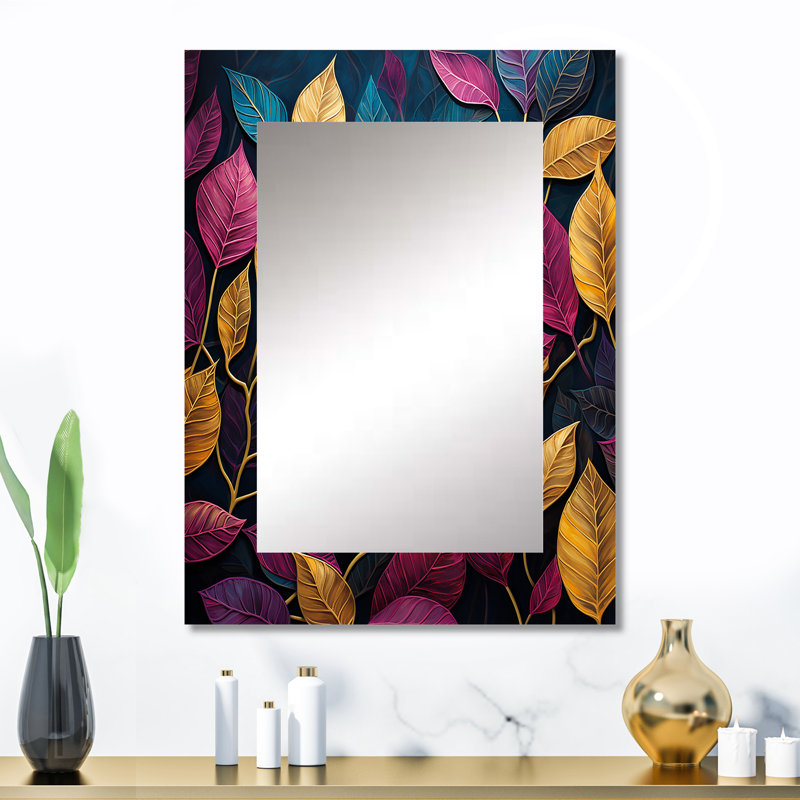 Colorful Leaves Charm Foliage I - Leaves Decorative Mirror, Traditional Wall Mirror, Printed Metal Art, 32" x 24"