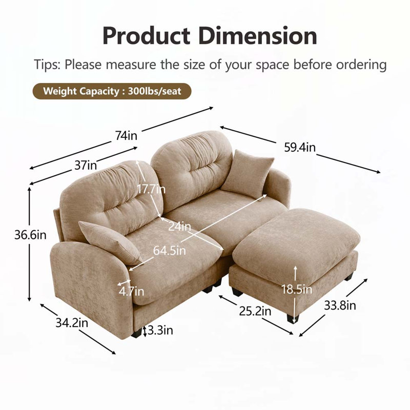 Canapé modulaire en chenille 2 places avec 2 coussins et repose-pieds, H 36,6 po x l 74 po x P 34,2 po, 2, Chameau