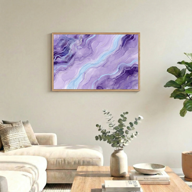 «Mauve et bleu», art abstrait sur toile avec paillettes dorées, H 32 po x l 48 po
