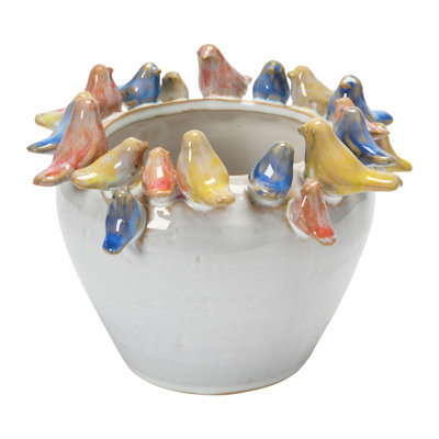 Decorative Stoneware Planter with Birds on Rim and Reactive Glaze