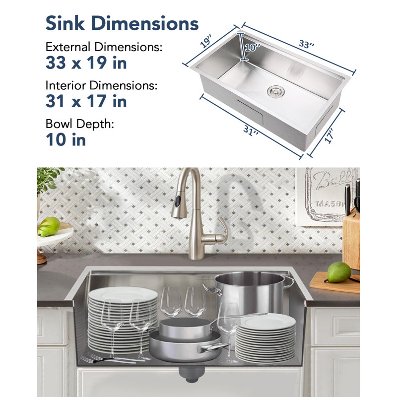 Bassin de cuisine polyvalent en acier inoxydable de calibre 16 - sous le comptoir, sous le comptoir, adapté à la cuisine, au bar et à la salle de lavage - noir et argent, 33 po x 19 po x 10 po