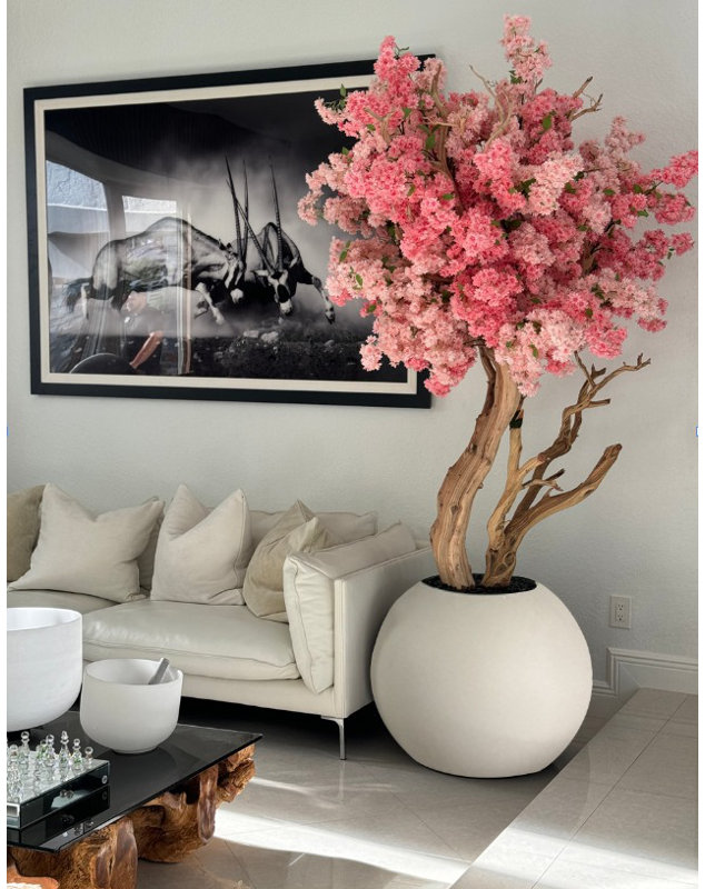 Pink Cherry Blossom Tree In 30" Globe Planter, Beige