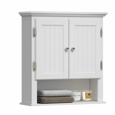 ElegantSpace Wall-Mounted Bathroom Cabinet - White Wood Hanging Storage with Doors and Shelves