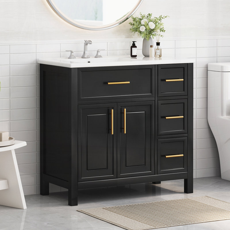 Meuble-lavabo 36 po avec comptoir d'évier, meuble-lavabo avec deux portes et trois tiroirs, Noir