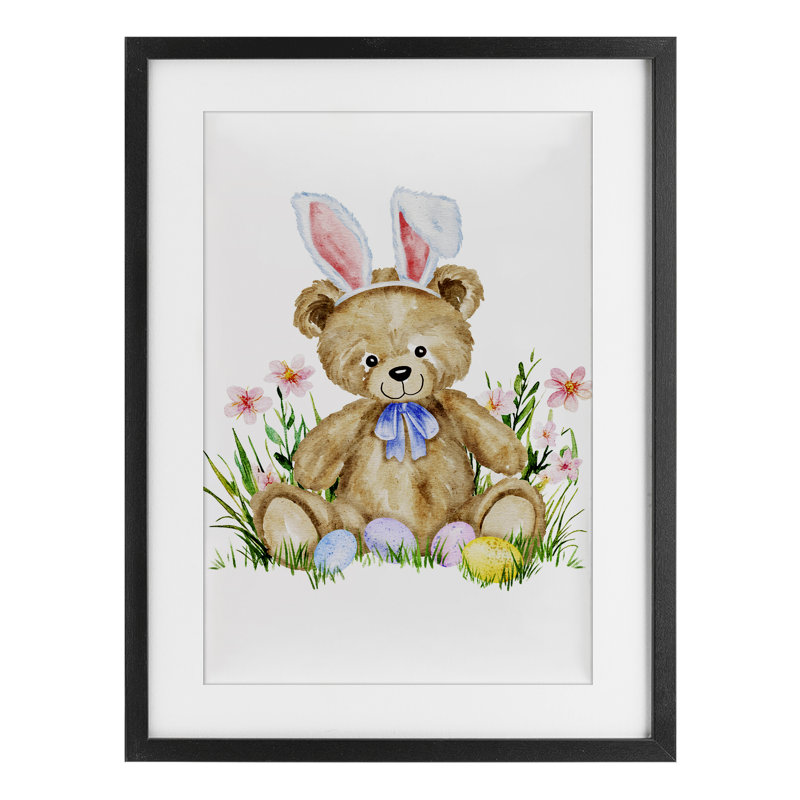 Ours en peluche printanier, reproduction sous verre encadrée, conception par Amy Hall, H 20 po x l 14 po, Cadre noir minuit