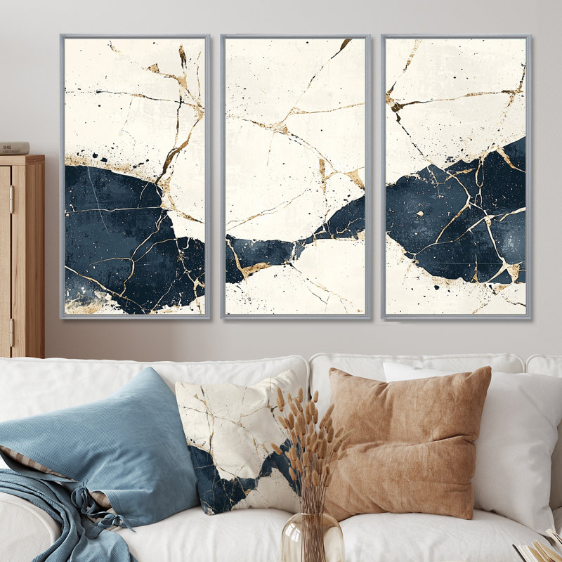 Blanc et bleu luxueux de marbre abstrait I - ensemble d'art mural abstrait en marbre, 28 po H x 36 po L, Argent argent