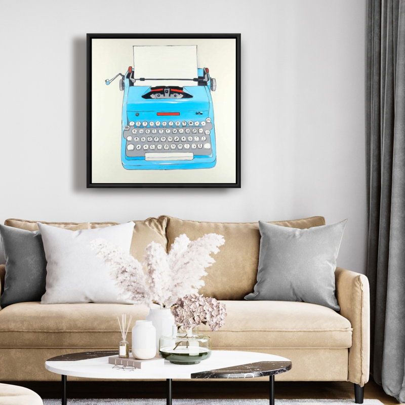 Toile de machine à écrire rétro bleue | Décoration murale encadrée pour chambre à coucher