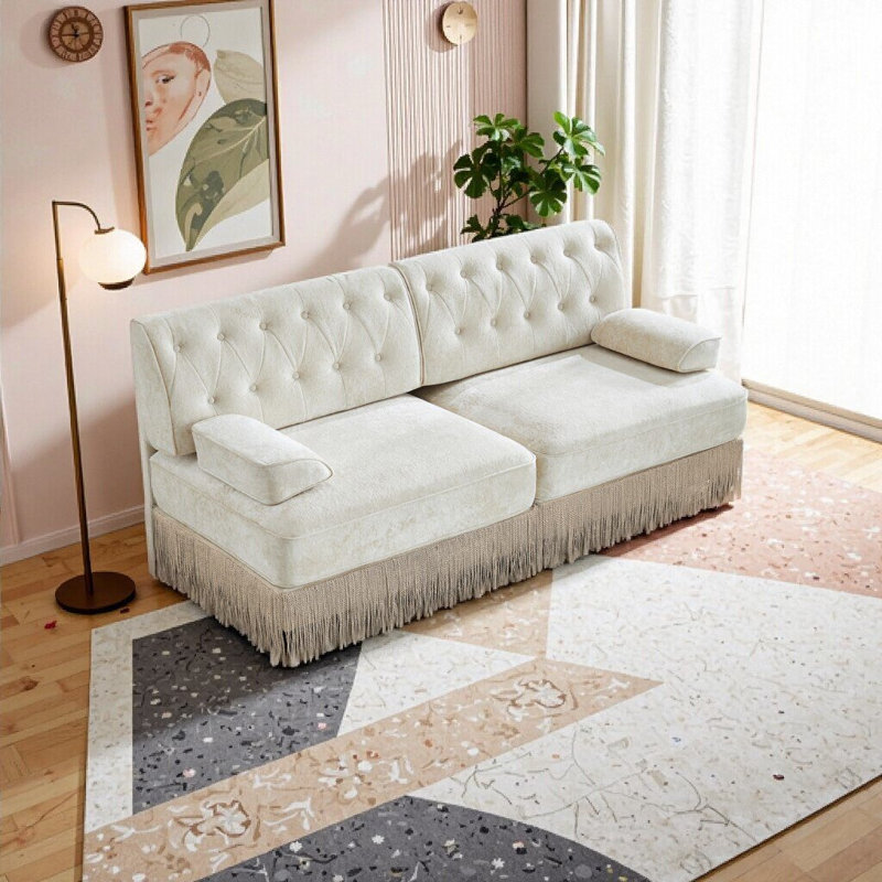 Soft Velvet Chesterfield Sofa with Button Tufting & Tassel Skirt – Beige Modular Sectional for Living Room, Beige