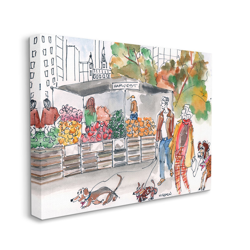 «Farmers Market Illustration City Dog Walkers» par Mark Higden - impression d'art graphique, H 10 po x l 15 po x P 0,5 po