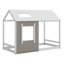 Lit simple en bois en forme de maison avec toit et fenêtre-449614136