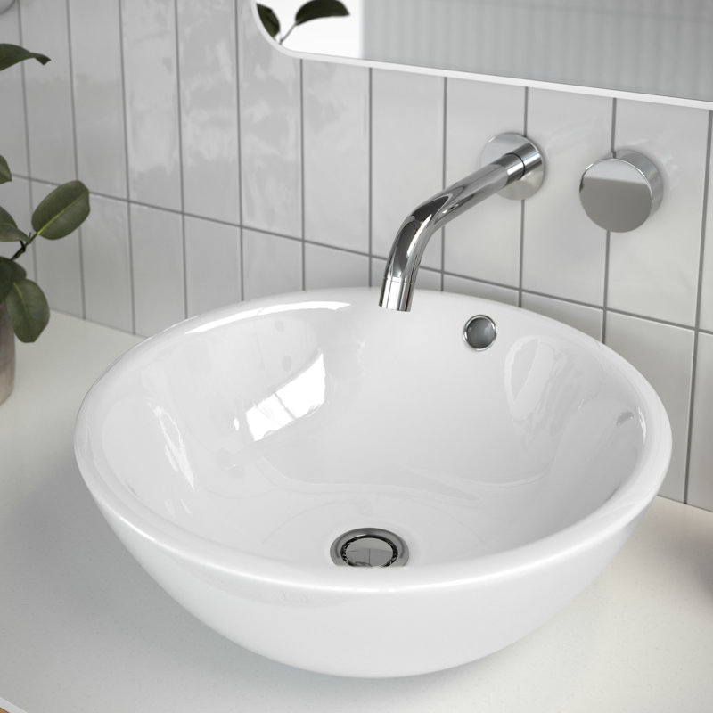 Ceramic Circular Vessel Bathroom Sink with Overflow, Gloss White