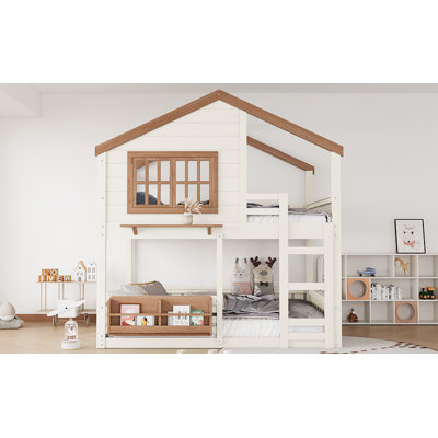 Full Size Bunk Bed/Loft Bed With Bookshelf, House Design, High-Quality Safety Fencing,Beige & Natural