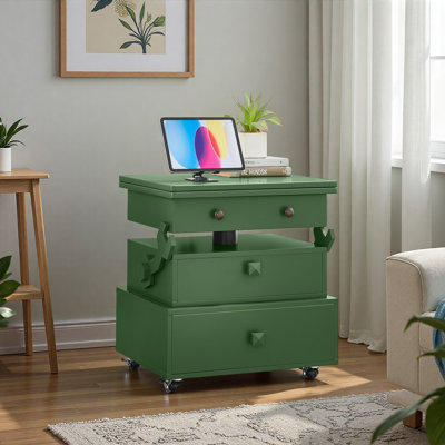 Table de bout roulante à hauteur ajustable laquée ultrabrillante avec station de charge et roues universelles avec freins, table à plateau relevable multifonctionnelle avec tiroirs de rangement pour la chambre à coucher du salon