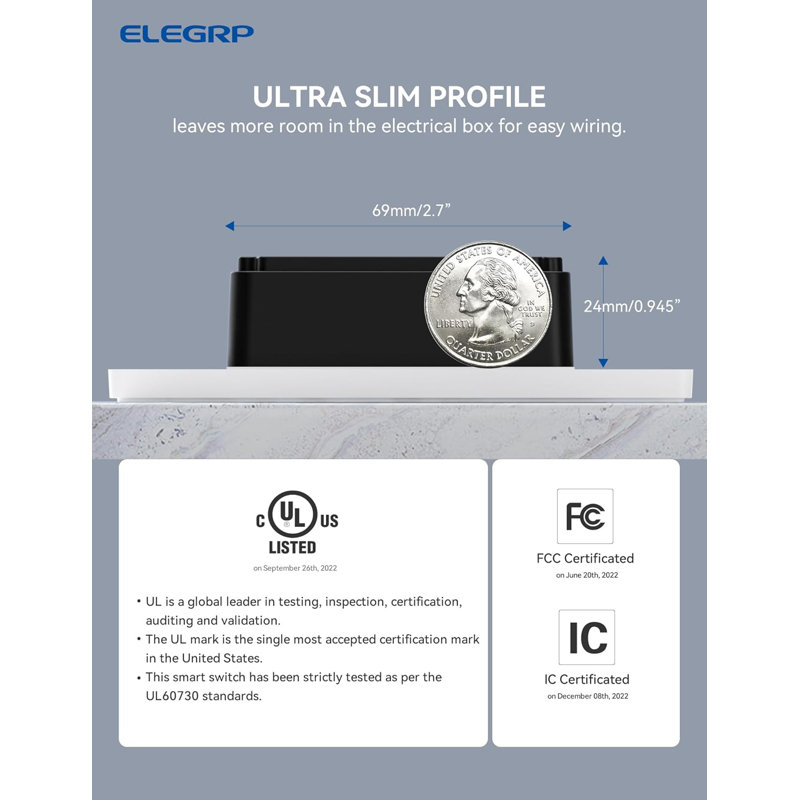 Interrupteur d'éclairage intelligent ELEGRP, unipolaire / 3 voies, interrupteur d'éclairage sans fil 2,4 Ghz compatible avec Alexa et l'assistant Google, fil neutre requis, contrôle APP, certifié UL, 1 PC