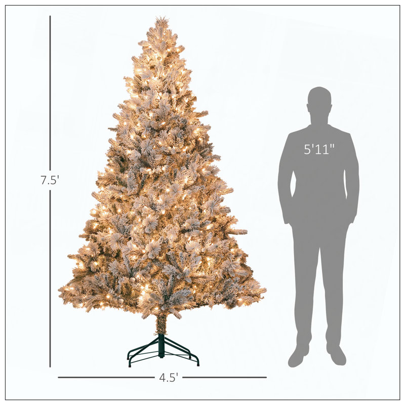 Arbre de Noël artificiel pré-éclairé avec 500 lumières claires et 1530 pointes, arbre de Noël enneigé avec base en métal, arbre de Noël à charnières pour les fêtes à la maison