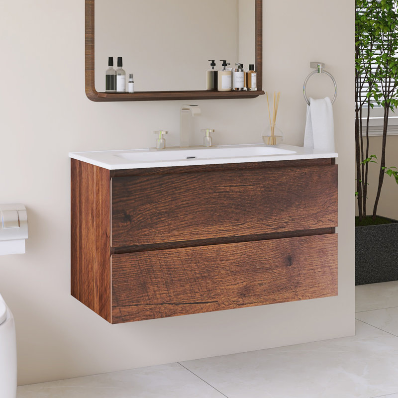 Wall Mounted Single Bathroom Vanity With White Ceramic Integrated Top, Walnut, 36"