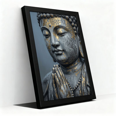 Grey Buddha Statue With Gold Leaf And Prayer Hands Canvas Wall Art