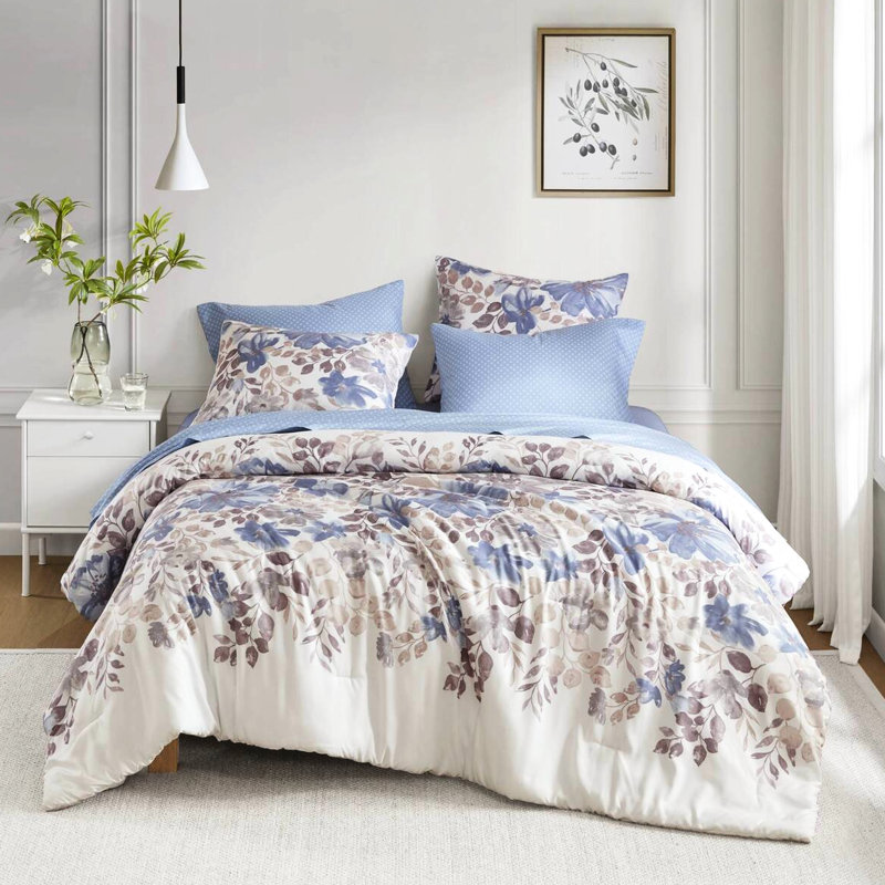 Édredon bleu très grand - floral, 1 drap plat, ensemble d'édredon à motif floral, draps, bourre