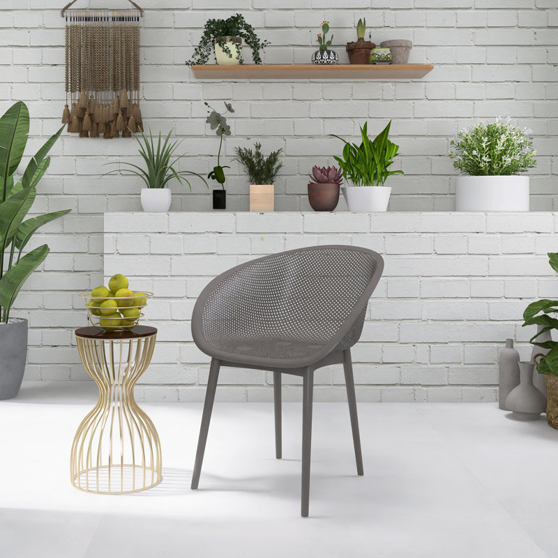Fauteuil moderne en plastique PP résistant aux intempéries avec filet évidé, intérieur / extérieur (ensemble de 2), Gris
