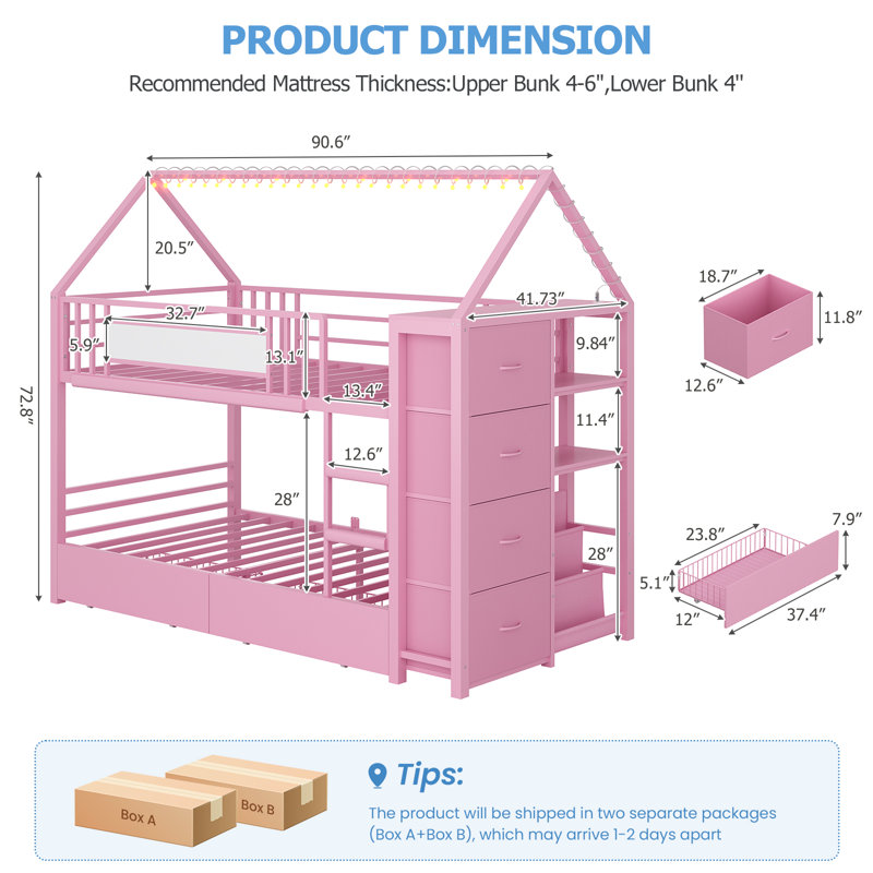 Bunk Bed Twin Over Twin With Storage Drawers And Globe String Lights House Shaped Low Bunk Bed With Montessori Bookshelf Metal Bunk Beds With Ladder And Guardrail,space Saving, Pink.
