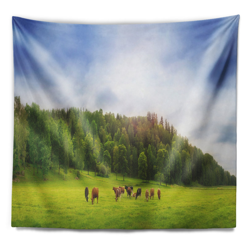 Paysage, vaches sur champ, tapisserie panoramique, H 32 po x l 39 po