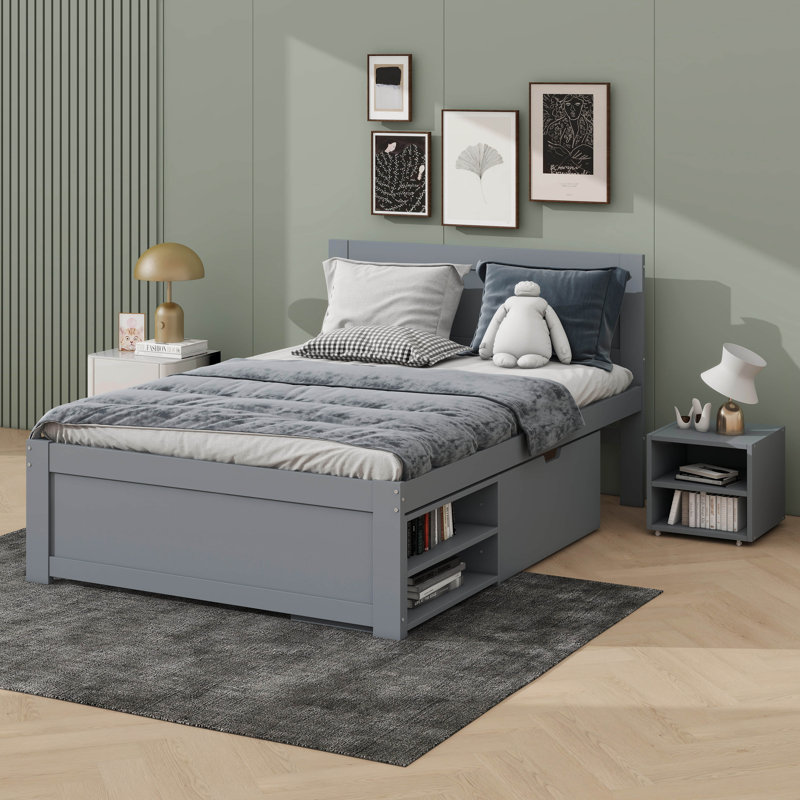 Lit plateforme chic avec tiroir intégré et deux tablettes, Gris, Lit double