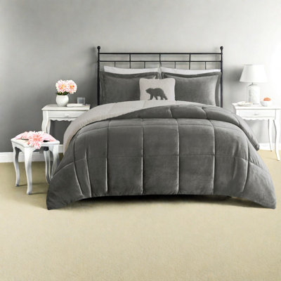 Cozy Plush To Sherpa Down Alternative Bedding Set, Charcoal And Ivory, Hypoallergenic Comforter