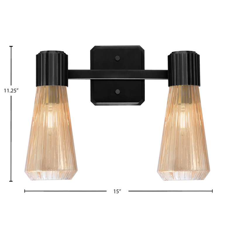 Barre d'éclairage de salle de bain 2 lumières Everleigh, fini noir mat avec verre côtelé ambre de 4 po, 15 po de largeur