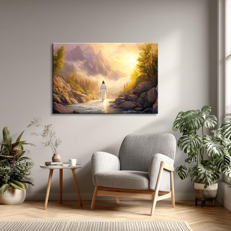 Jésus, marchant sur l'eau, art mural sur toile, rivière de montagne tranquille