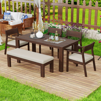 Ensemble repas 6 pièces pour patio avec table d'extérieur 71 "et trou pour parasol, 4 fauteuils rembourrés et banc
