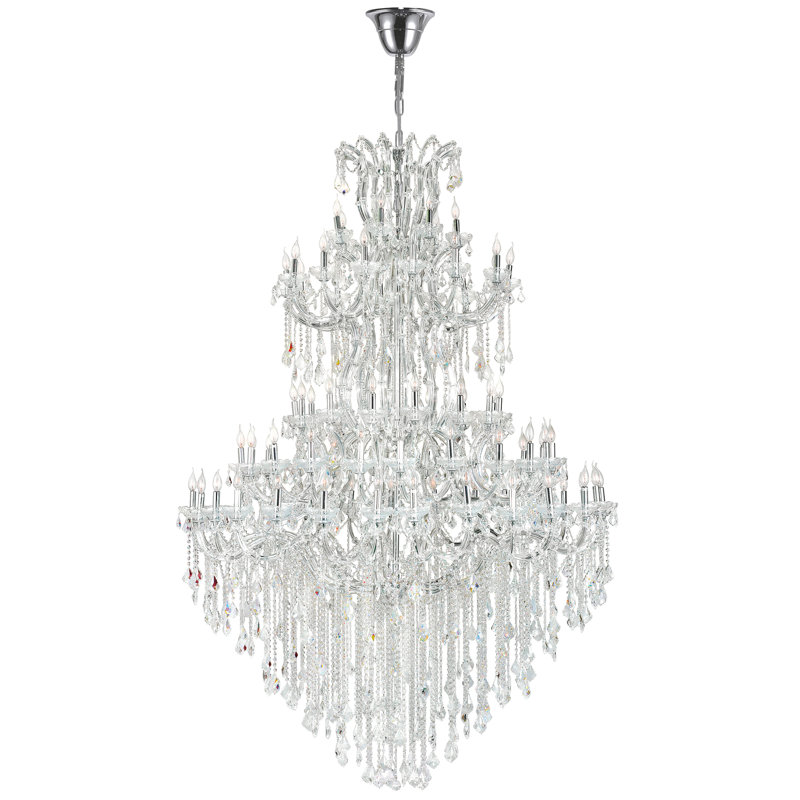 Lustre 84 po pour salle de bal, grand vestibule, espace d'événement 70 po Orr - Finition chromée avec cristal - Luminaire à plusieurs niveaux Orr