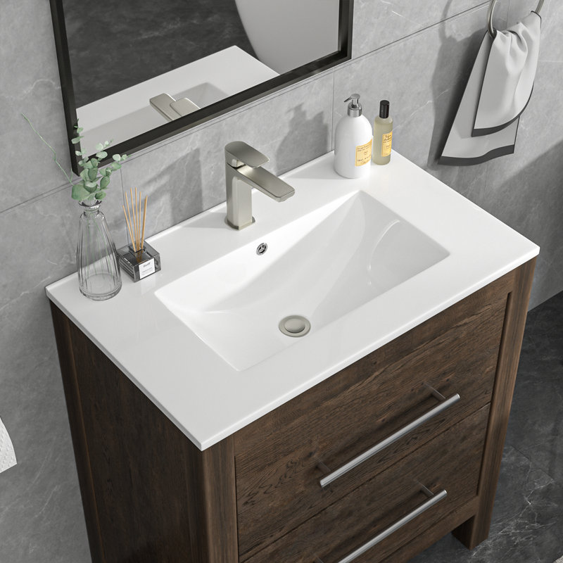 30"L x 18"W White Rectangular Single Vanity Top with Faucet Hole and Overflow(Top Only), 30" L x 18" W