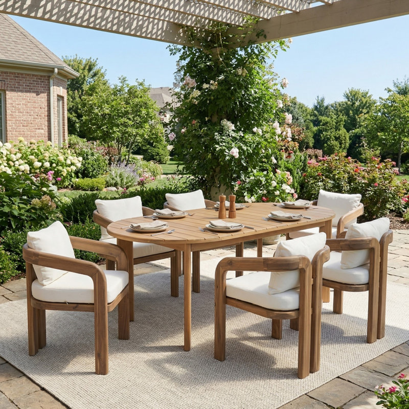 Nordby Patio 6-Person Acacia Wood Dining Set With Slatted Tabletop & Cushions