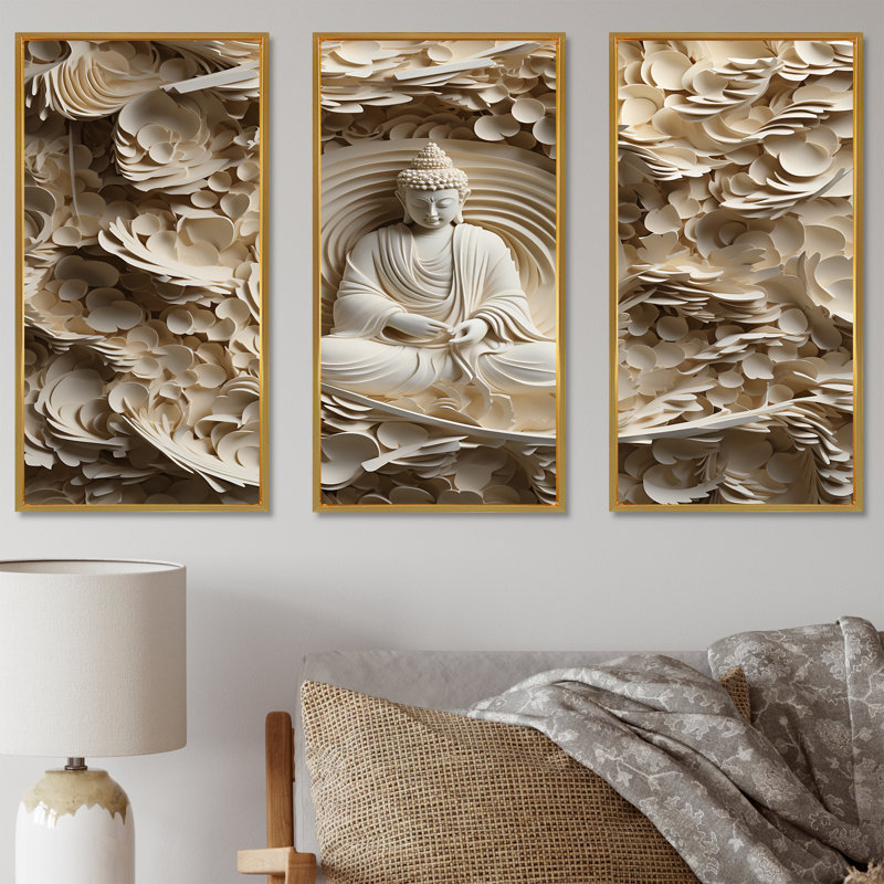 Simple bouddhisme statue I - ensemble d'art mural sur toile bouddhisme, H 40 po x l 60 po, Cadre flottant doré