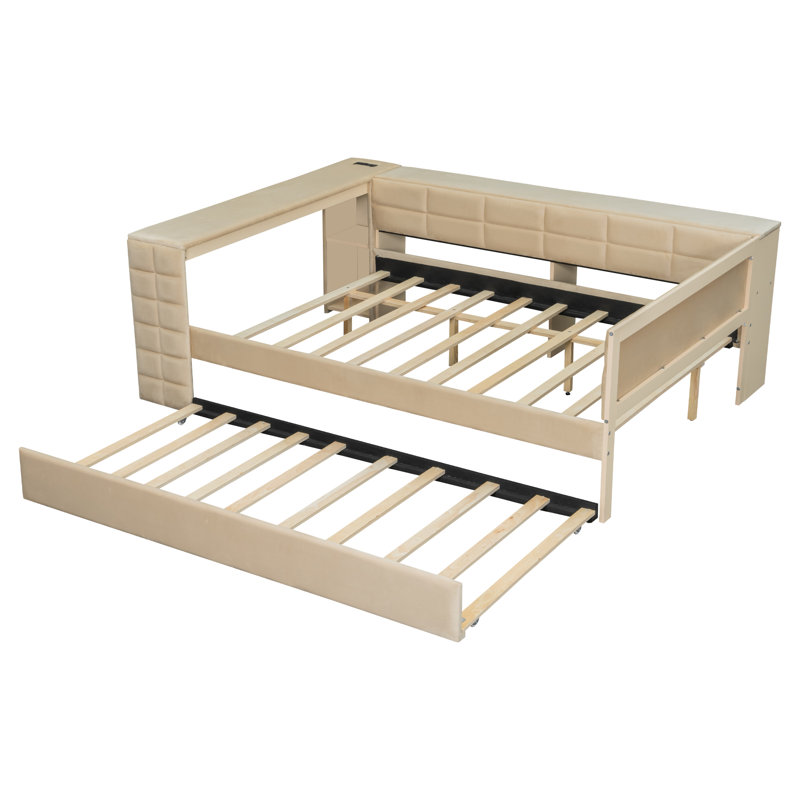 Full Size Upholstered Platform Bed with Storage Shelves, Desk & Charging Station, Twin Trundle, Beige, Beige