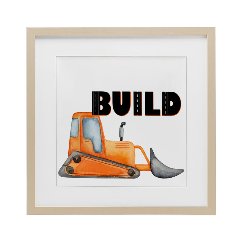 «Build with Orange Bulldozer», reproduction d'art sous verre, conception de Kim Allen, Cadre de récolte en pin
