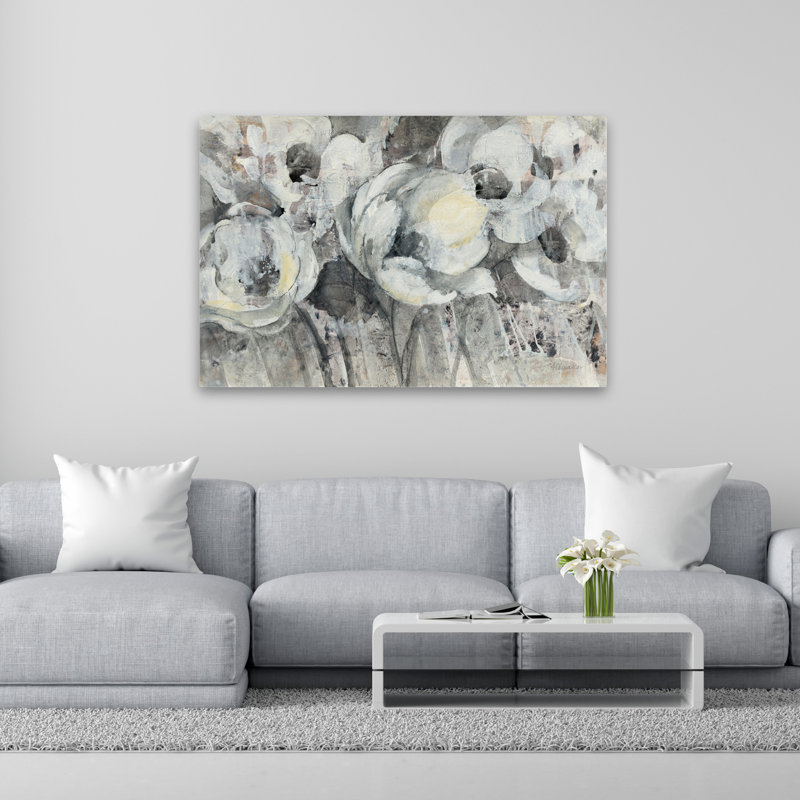 Floral fantaisie contemporaine noir, noir et blanc floral gris pivoine, H 60 po x l 40 po