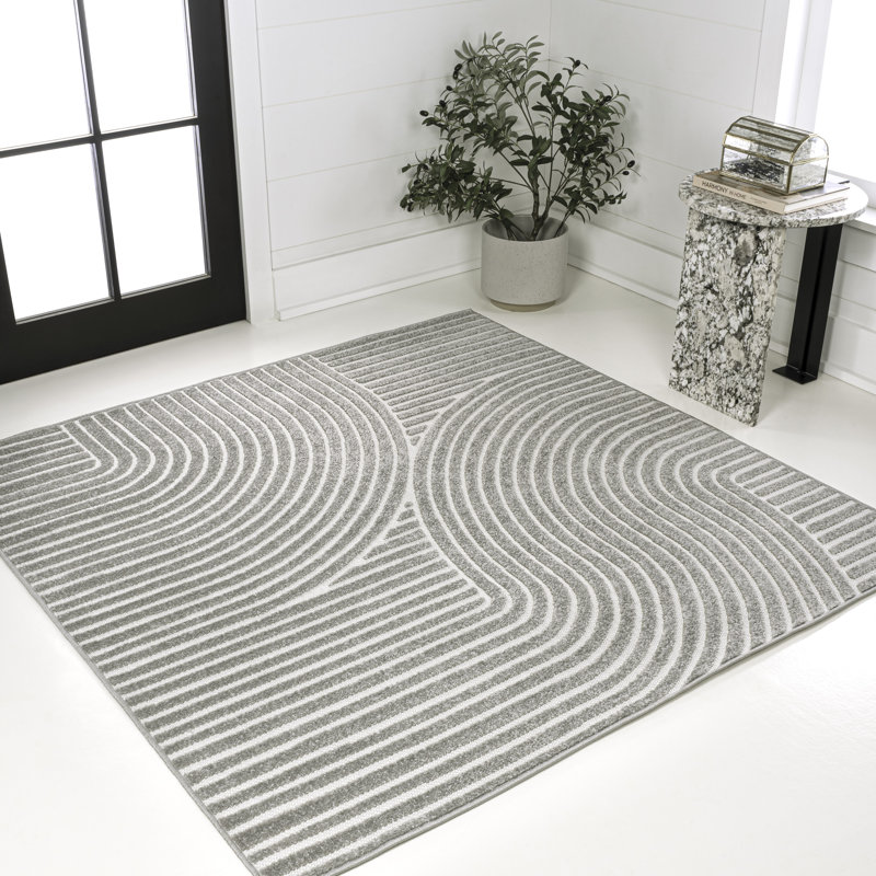 Hallie High-Low Minimalist Curve Geometric Gray/Ivory Indoor/Outdoor Rug, Square 7'