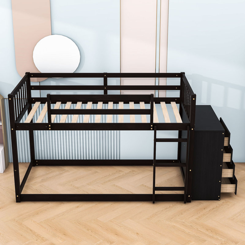 Kialah Space-Saving Bunk Bed With Built-In Storage And Slats, Twin Over Twin, Espresso