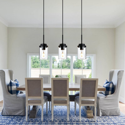 3-Light Matte Black Modern Farmhouse Pendant Light, Adjustable Height Glass Chandelier, Industrial Hanging Ceiling Light Fixture For Dining Room Kitchen Island