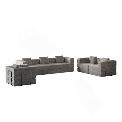 6-Seater Upholstered Sofa With Side Storage Pockets And Cushions For Living Room