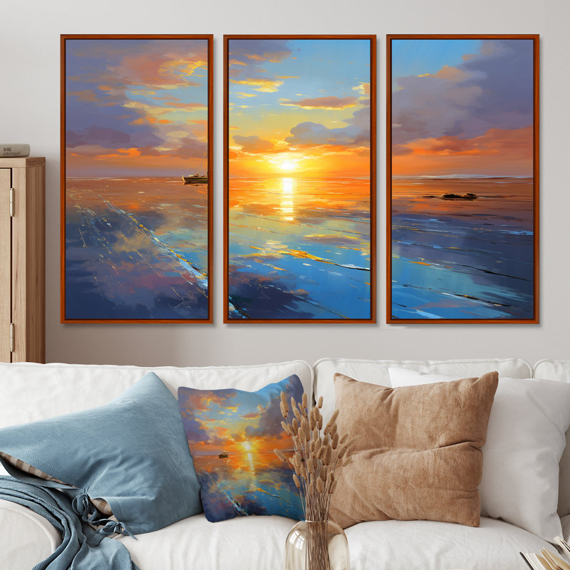 «Little Boat At The Infinite Ocean Sunset», ensemble d'art mural plage et océan, Cadre flottant brun