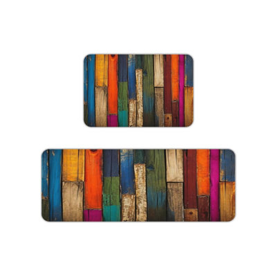 Multicolor Distressed Wood Print Kitchen Mats for Kitchen & Farmhouse, Multicolor 2-Piece Set